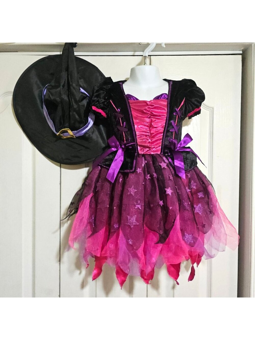 Sparkle Witch Costume Toddler Girls 3T-4T Hat Dress Purple Pink Stars Halloween